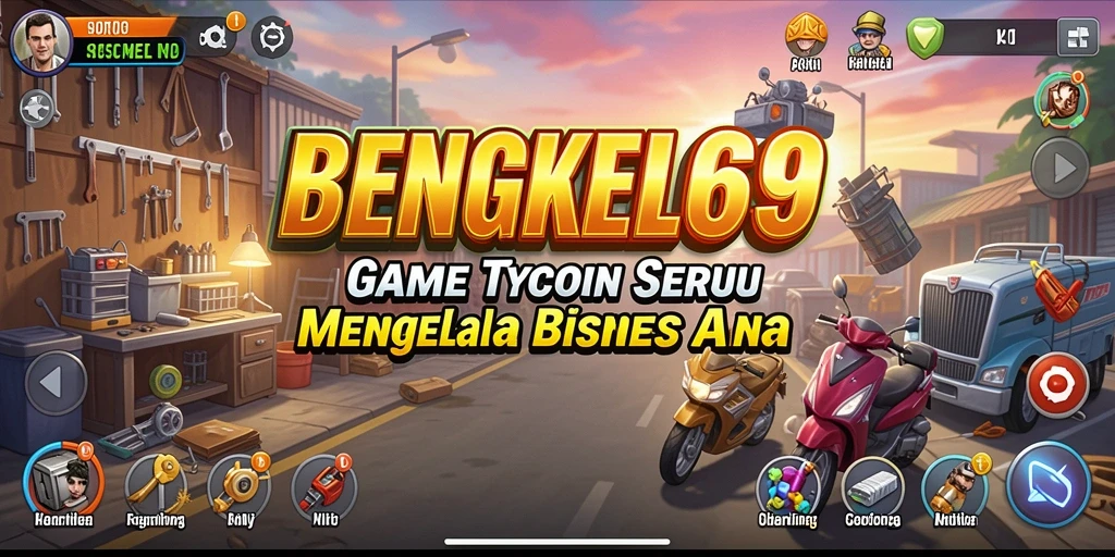 Tampilan gameplay BENGKEL69 yang menampilkan pengelolaan bengkel otomotif.