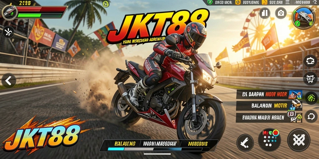 Screenshot gameplay JKT88 yang menampilkan balapan motor yang intens.