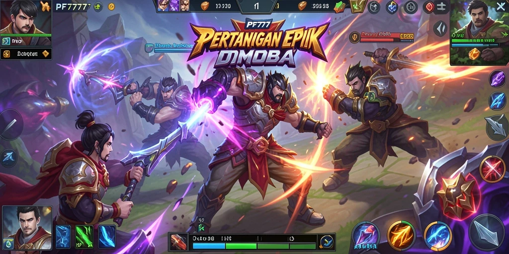 Screenshot utama PF777 menampilkan pertarungan seru dalam arena MOBA.