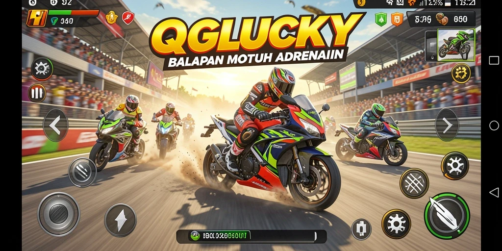 Screenshot QGLUCKY menunjukkan aksi balap motor yang mendebarkan.