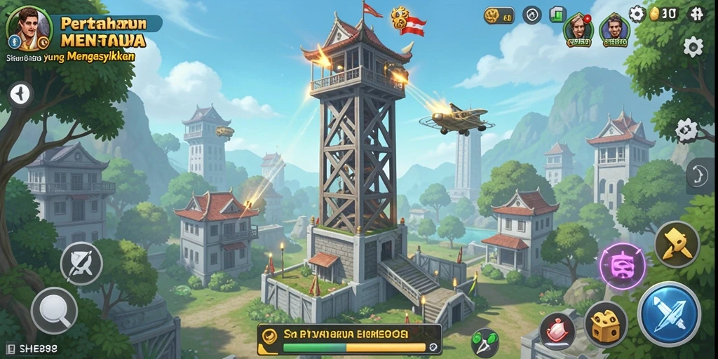 Tangkapan layar gameplay SHE888 menampilkan aksi pertahanan menara yang seru.