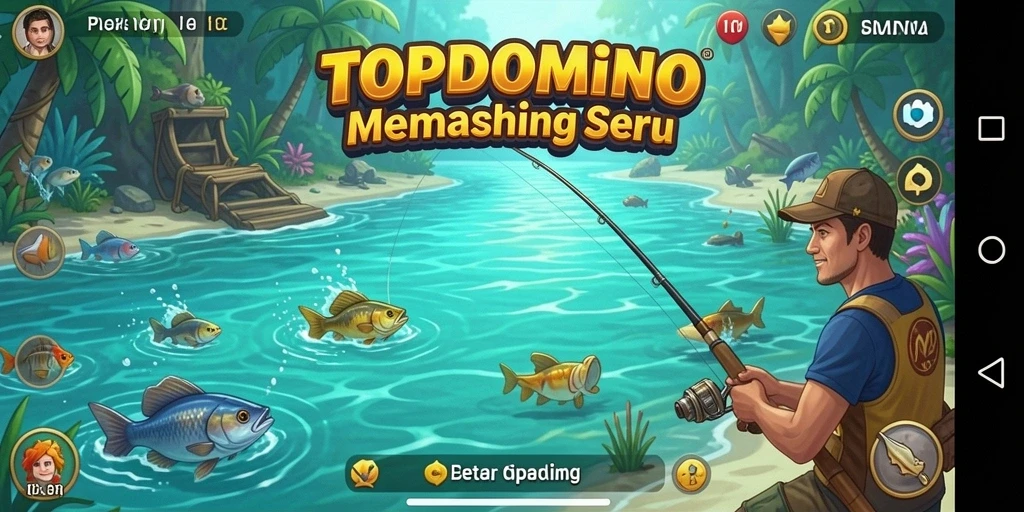 Screenshot gameplay TOPDOMINO menampilkan aksi memancing seru di lingkungan alam yang indah.